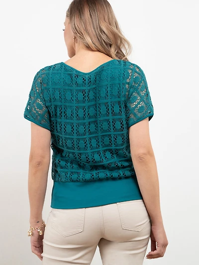 Short Sleeve Crochet Layered Top in Peacock
