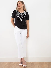 Short Sleeve Knit Gathered T-Shirt in Black Pearl