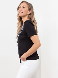 Short Sleeve Knit Gathered T-Shirt in Black Pearl
