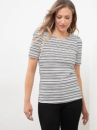 Short Sleeve Knit Gathered T-Shirt in Black Stripe