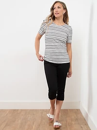 Short Sleeve Knit Gathered T-Shirt in Black Stripe