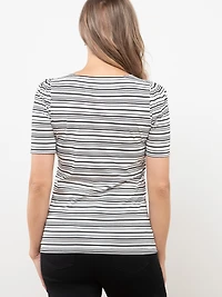 Short Sleeve Knit Gathered T-Shirt in Black Stripe