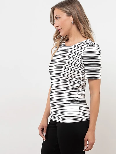 Short Sleeve Knit Gathered T-Shirt in Black Stripe