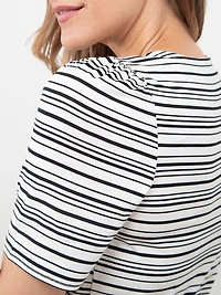 Short Sleeve Knit Gathered T-Shirt in Black Stripe