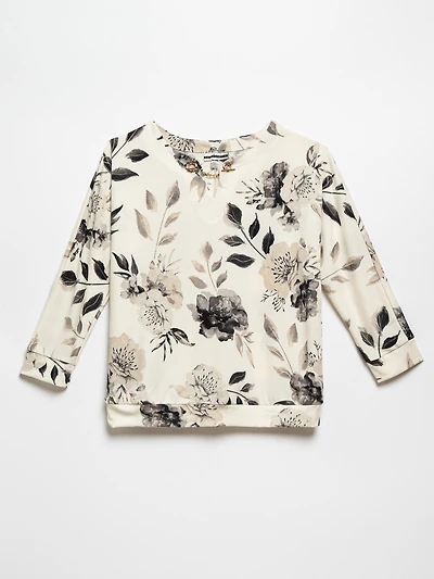 Chain Detail Crepe Knit Top by Jules & Leopold in Neutral/Floral