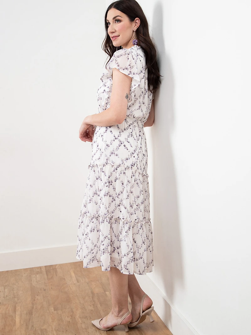 Chiffon Ditsy Floral Flutter Sleeve Dress