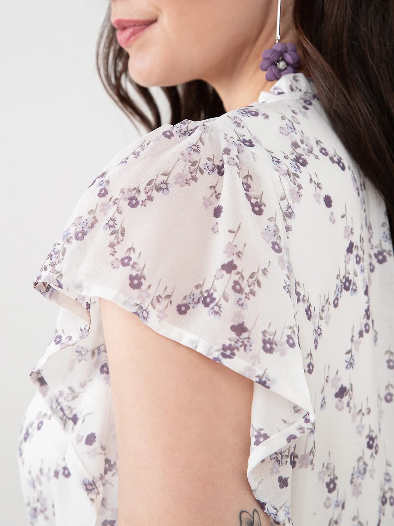 Chiffon Ditsy Floral Flutter Sleeve Dress
