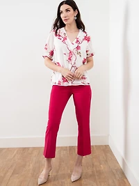 Chiffon Ruffle Neck Blouse in White/Lipstick Floral
