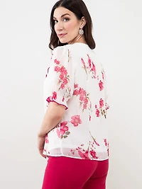 Chiffon Ruffle Neck Blouse in White/Lipstick Floral