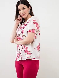Chiffon Ruffle Neck Blouse in White/Lipstick Floral