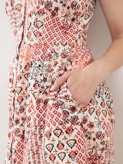Linen Stripe V-Neck Dress in Floral