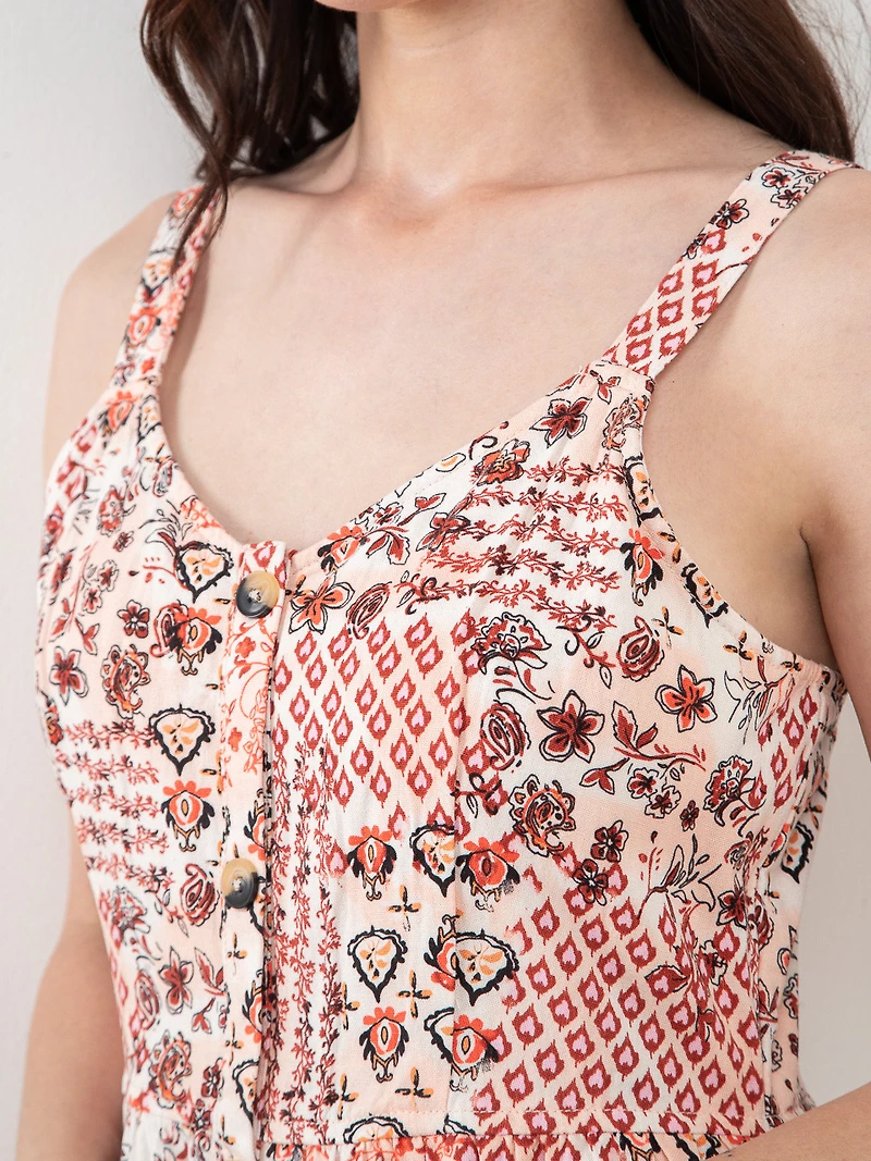 Linen Stripe V-Neck Dress in Floral