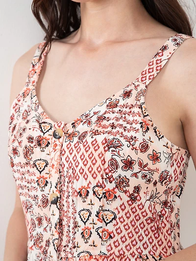 Linen Stripe V-Neck Dress in Floral