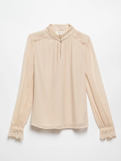 Long Sleeve Chifffon Blouse with Lace Trim Cuffs by Haver + Blair