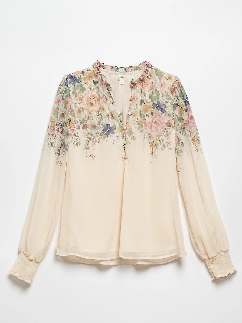 Long Sleeve Floral Border Chiffon Blouse by Autres Filles