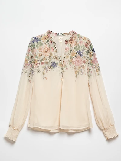 Long Sleeve Floral Border Chiffon Blouse by Autres Filles