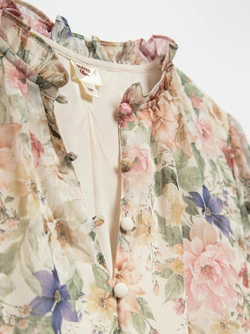 Long Sleeve Floral Border Chiffon Blouse by Autres Filles