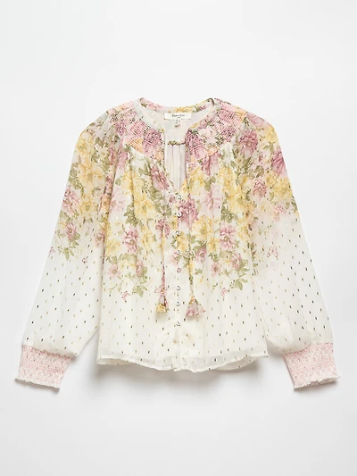 Long Sleeve Ivory Border Chiffon Blouse by Haver + Blair