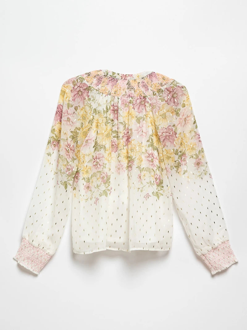 Long Sleeve Ivory Border Chiffon Blouse by Haver + Blair