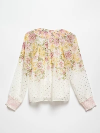 Long Sleeve Ivory Border Chiffon Blouse by Haver + Blair