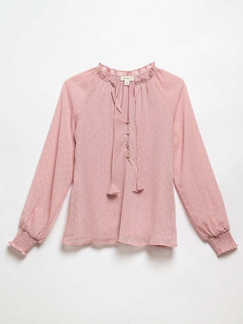 Long Sleeve Pink Clip Dot Blouse with Flower Buttons by Tamara H.