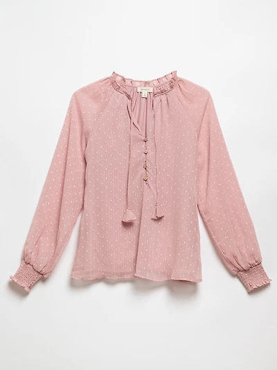 Long Sleeve Pink Clip Dot Blouse with Flower Buttons by Tamara H.
