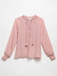 Long Sleeve Pink Clip Dot Blouse with Flower Buttons by Tamara H.