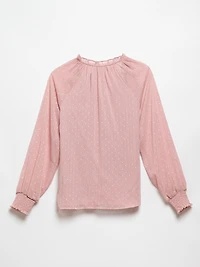 Long Sleeve Pink Clip Dot Blouse with Flower Buttons by Tamara H.