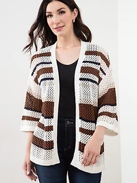 Open Stitch Knit Neutral Stripe Kimono Sweater