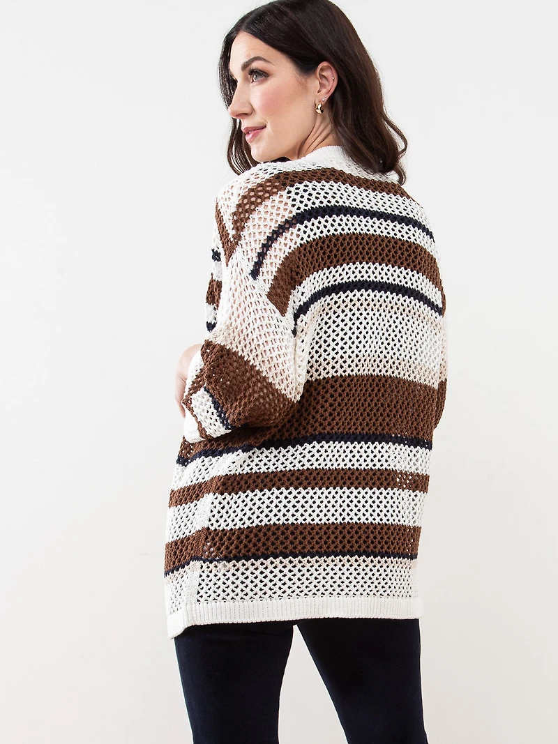 Open Stitch Knit Neutral Stripe Kimono Sweater