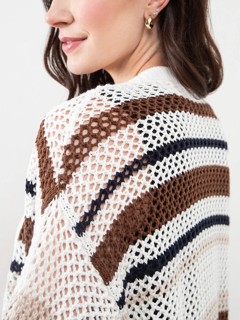 Open Stitch Knit Neutral Stripe Kimono Sweater
