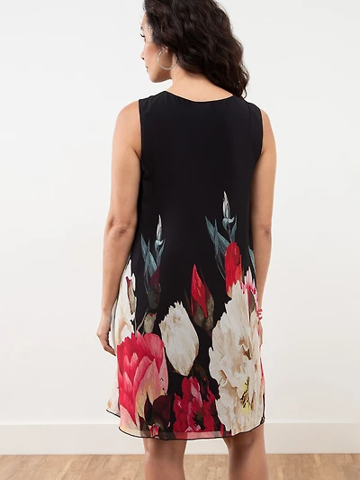 Petite Chiffon Black Floral Sleeveless Dress