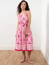 Petite Cotton Sateen Hot Pink Border Print Dress