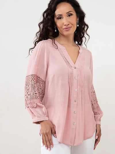 Petite Crochet-Insert Button Blouse