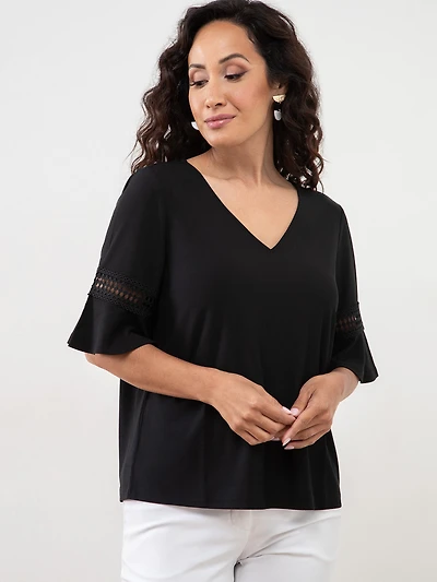 Petite Flared Sleeve Black Top