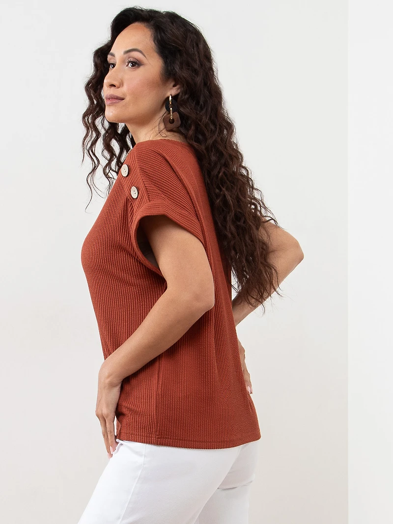 Petite Relaxed Cap Sleeve Top with Button Detail in Terracotta