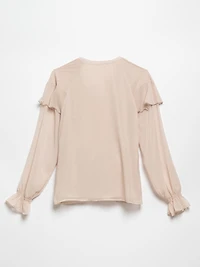 Raglan Flounce Chiffon Blouse in Sand by Haver + Blair