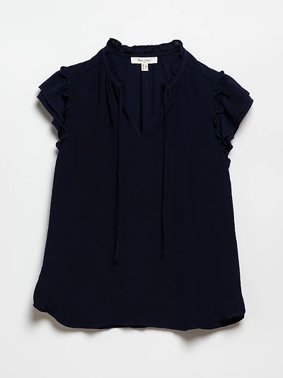 Ruffle Border Print Chiffon Blouse in Navy
