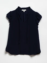 Ruffle Border Print Chiffon Blouse in Navy