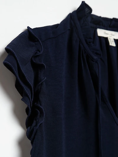 Ruffle Border Print Chiffon Blouse in Navy