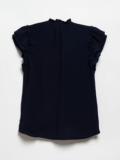 Ruffle Border Print Chiffon Blouse in Navy