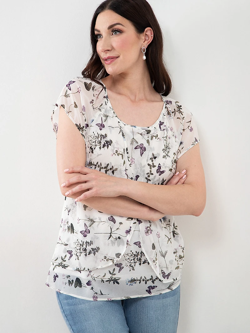 Tulip Front Chiffon Blouse in White/Purple Butterfly