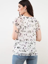 Tulip Front Chiffon Blouse in White/Purple Butterfly