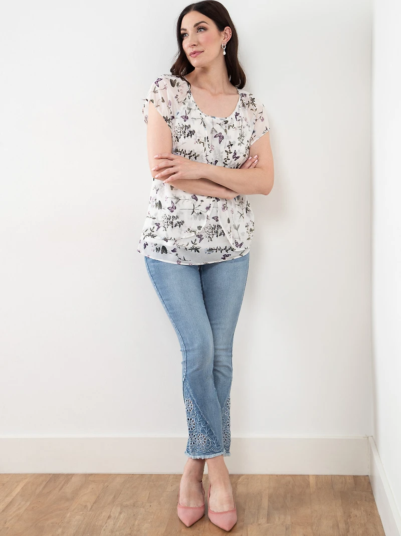 Tulip Front Chiffon Blouse in White/Purple Butterfly