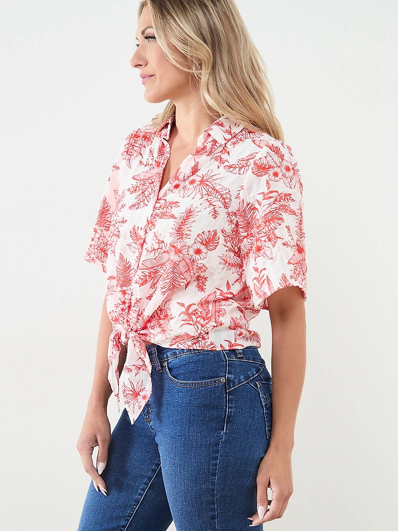 Collared Tie Front Seersucker Blouse