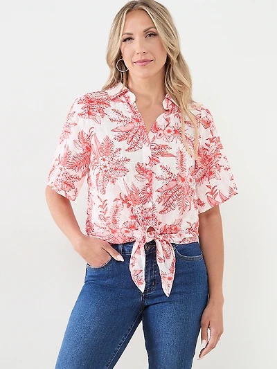 Collared Tie Front Seersucker Blouse