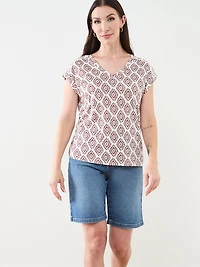 Knit Shoulder Trim T-Shirt in Ivory Abstract