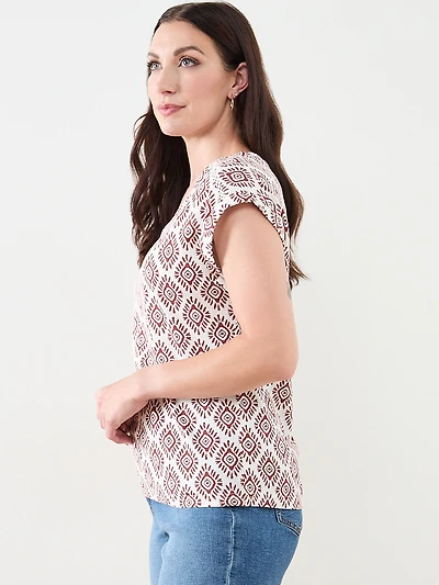 Knit Shoulder Trim T-Shirt in Ivory Abstract