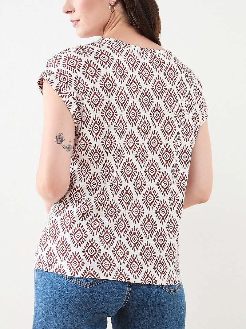 Knit Shoulder Trim T-Shirt in Ivory Abstract