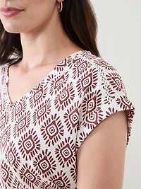 Knit Shoulder Trim T-Shirt in Ivory Abstract